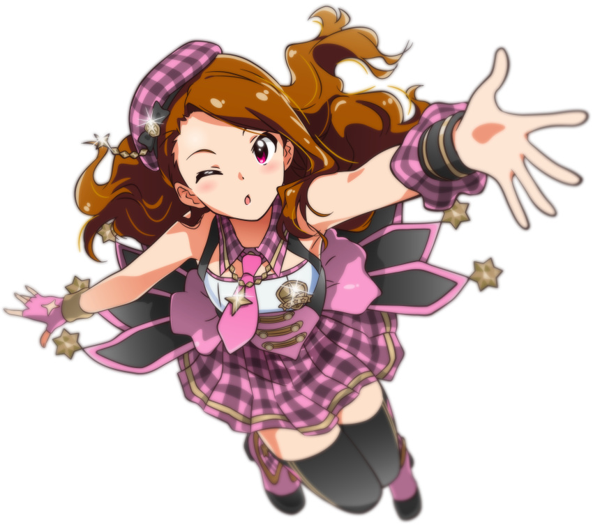 1girl ;o akizuki_ritchan badge bare_shoulders beret black_legwear blurry blush breasts brown_hair collar commentary_request depth_of_field fingerless_gloves floating_hair full_body gloves hat highres idolmaster idolmaster_platinum_stars jewelry jumping long_hair looking_at_viewer minase_iori necklace necktie one_eye_closed open_mouth outstretched_arm pink_eyes pink_gloves pink_hair pink_necktie pink_shoes pink_skirt plaid plaid_collar plaid_hat plaid_skirt reaching shoes simple_background skirt small_breasts solo sparkle star strapless thigh-highs tubetop underbust white_background wing_collar zettai_ryouiki