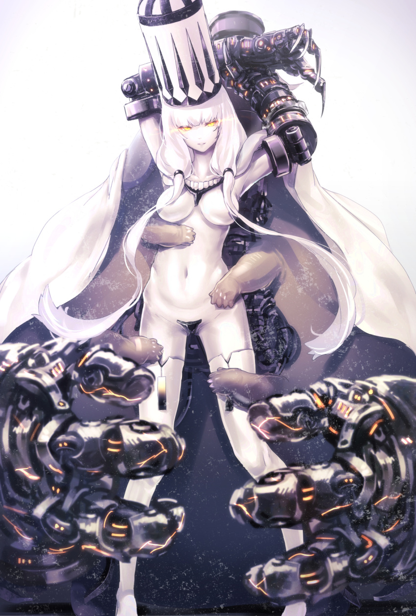 1girl breasts capelet claws glowing glowing_eyes hands hat highres kantai_collection large_breasts long_hair nina_(ninageya) northern_water_hime shinkaisei-kan sidelocks smile solo white_background white_hair yellow_eyes