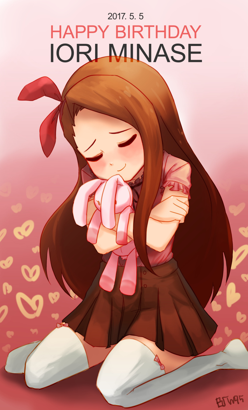 1girl absurdres black_ribbon blush bow brown_hair brown_skirt buttons character_name closed_eyes closed_mouth commentary_request dated english full_body gradient gradient_background hairband happy_birthday heart highres idolmaster long_hair long_sleeves minase_iori no_shoes object_hug on_floor pink_background pink_bow pink_shirt pleated_skirt red_hairband ribbon shadow shirt signature sitting skirt solo stuffed_animal stuffed_bunny stuffed_toy swbyoun thigh-highs two-tone_background wariza zettai_ryouiki