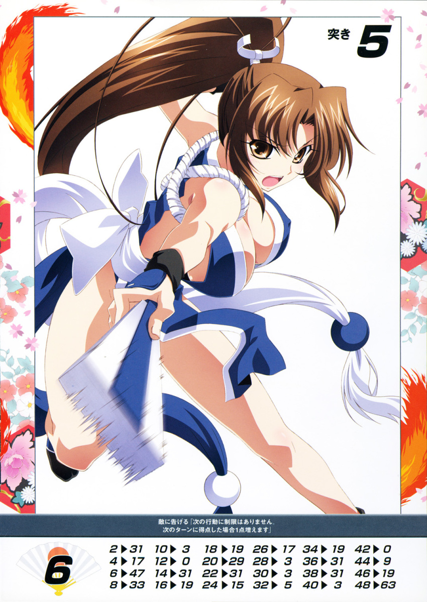 1girl bangs bare_shoulders breasts brown_eyes brown_hair cleavage eyebrows_visible_through_hair fan fatal_fury highres holding izumi_mahiru large_breasts long_hair looking_at_viewer ninja official_art open_mouth pelvic_curtain ponytail queen's_blade queen's_gate revealing_clothes scan shiranui_mai simple_background solo the_king_of_fighters