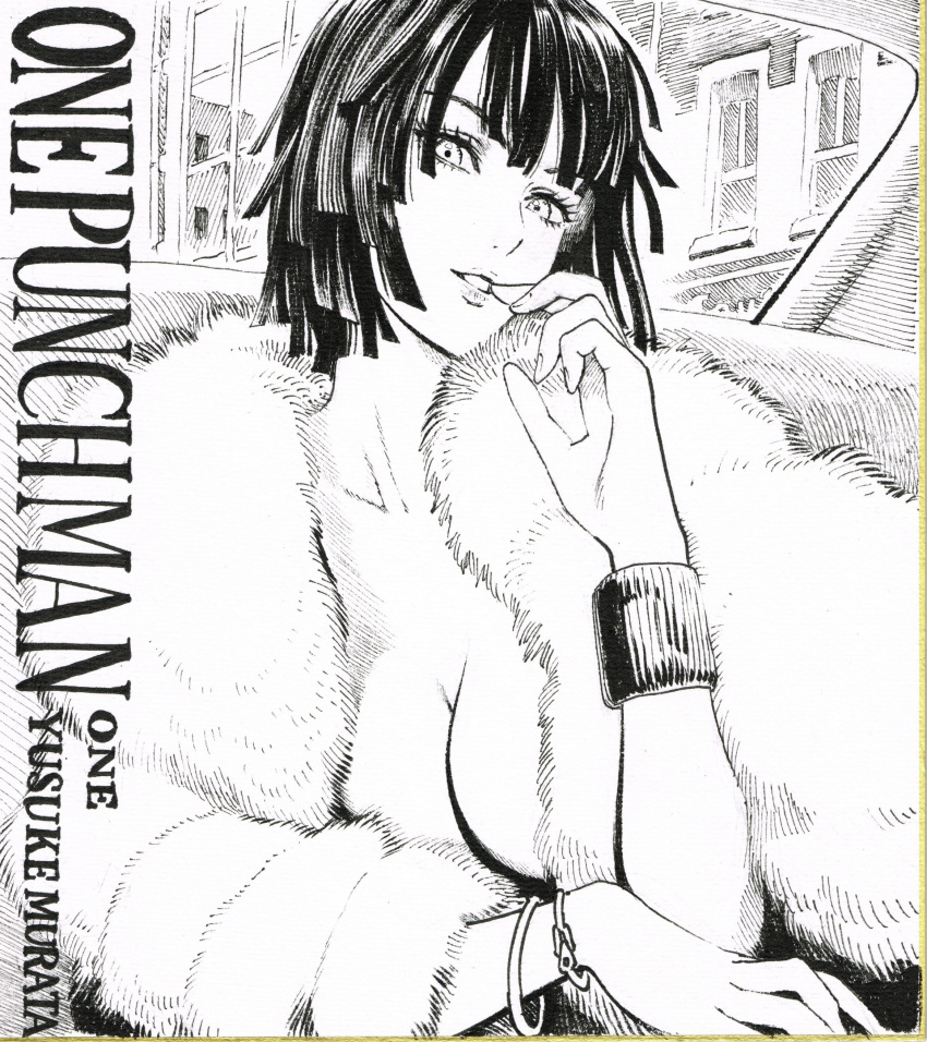 1girl absurdres bangs black_hair blunt_bangs breasts building car finger_to_mouth fubuki_(one-punch_man) fur_coat greyscale ground_vehicle highres jewelry large_breasts lipstick looking_at_viewer makeup monochrome motor_vehicle murata_yuusuke official_art one-punch_man parted_lips short_hair sitting smile solo text upper_body window