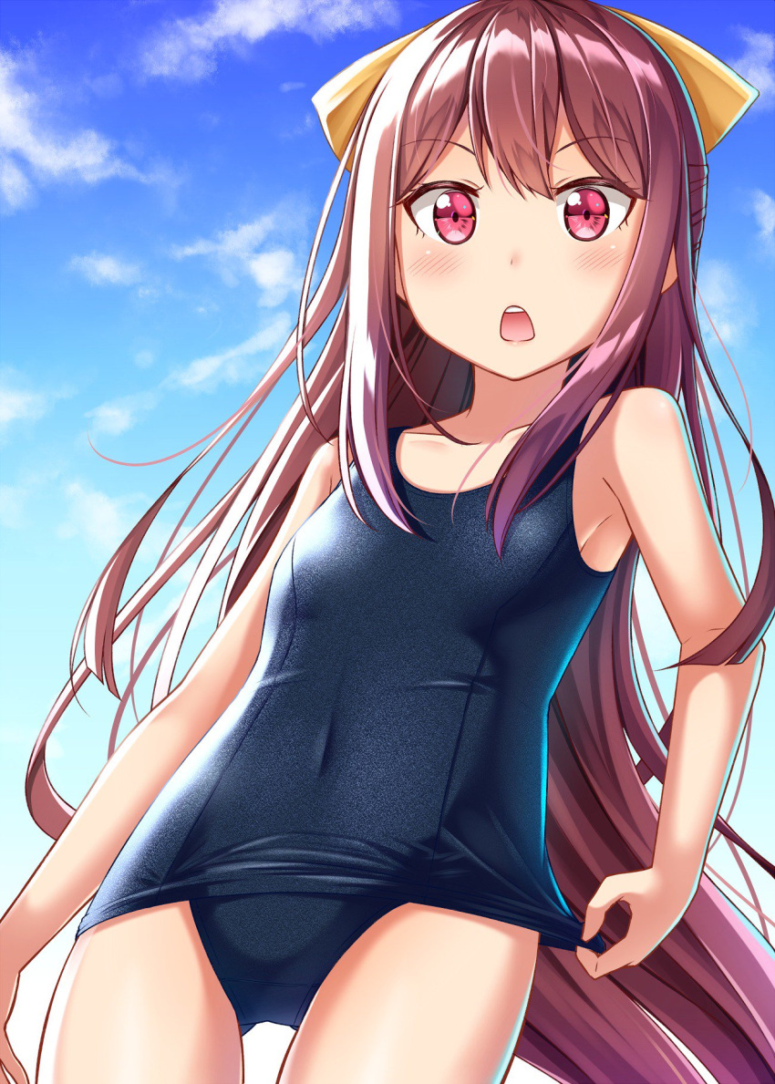 1girl blue_swimsuit bow brown_hair clouds covered_navel cowboy_shot day flat_chest from_behind gluteal_fold gurande_(g-size) hair_bow highres kadokawa_shoten kamikaze_(kantai_collection) kantai_collection long_hair outdoors red_eyes school_swimsuit sky solo swimsuit yellow_bow