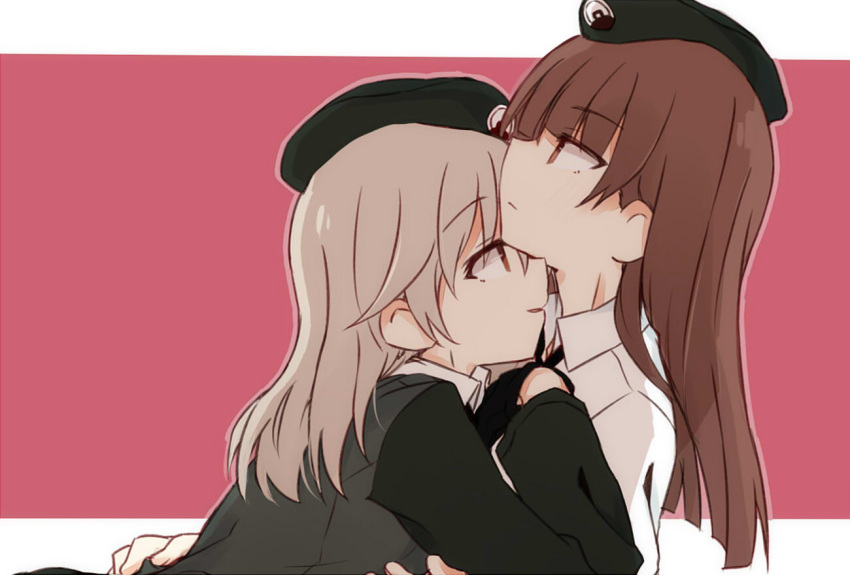 10s 2girls bangs beret black_gloves black_hat black_jacket black_necktie blunt_bangs brown_hair closed_mouth dress_shirt emblem from_side fud girls_und_panzer gloves hat hug jacket japanese_tankery_league_(emblem) light_brown_hair long_hair long_sleeves looking_at_another military military_hat military_uniform multiple_girls necktie nishizumi_shiho parted_lips selection_university_military_uniform shimada_chiyo shirt uniform upper_body white_shirt younger yuri