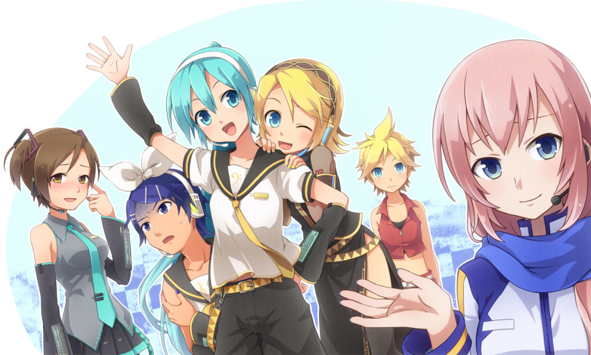 2boys 4girls :d ;d blonde_hair blue_eyes blue_hair blush breasts brown_hair closed_mouth costume_switch crossdressinging detached_sleeves embarrassed green_eyes green_hair hair_between_eyes hair_ornament hair_ribbon hairclip hatsune_miku headphones kagamine_len kagamine_rin kaito long_hair long_sleeves looking_at_viewer medium_breasts megurine_luka meiko midriff multiple_boys multiple_girls necktie one_eye_closed open_mouth pink_hair ponytail ribbon sanndo scarf shrug simple_background skirt small_breasts smile twintails very_long_hair vocaloid wink