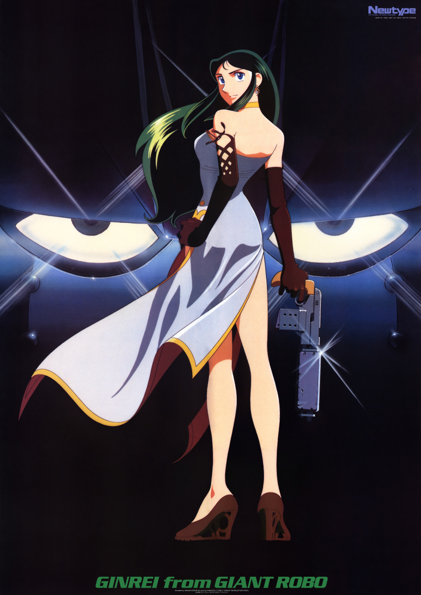 1girl absurdres bare_shoulders black_hair blue_eyes breasts china_dress chinese_clothes dress full_body giant_robo ginrei_(giant_robo) gloves green_hair highres long_hair looking_back medium_breasts official_art scan smile solo standing white_gloves