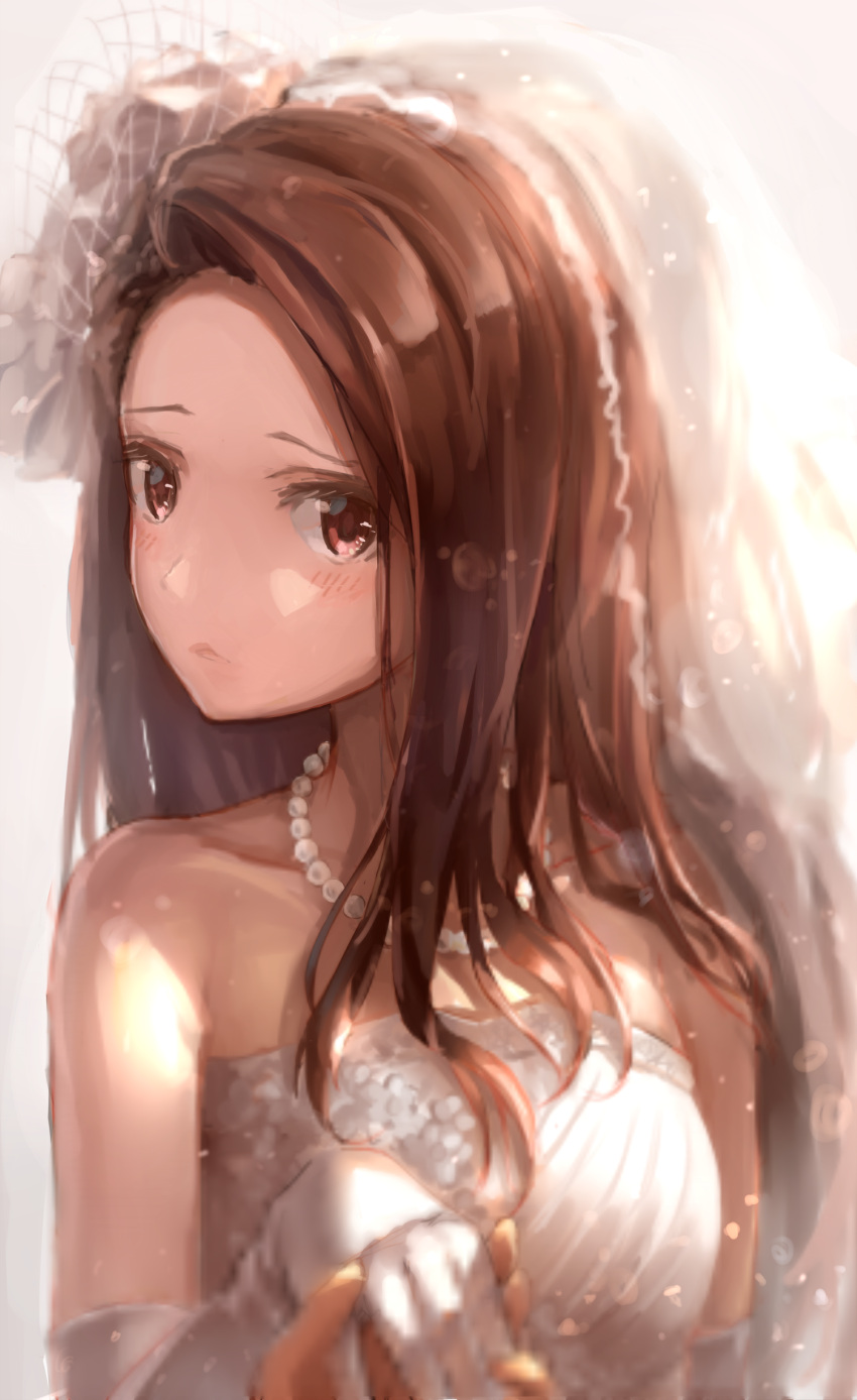 1girl absurdres bare_shoulders beige_background blush breasts bridal_veil brown_eyes brown_hair closed_mouth collarbone commentary dress elbow_gloves gloves hand_holding highres idolmaster jewelry long_hair looking_at_viewer madogiwa_(ran5) minase_iori necklace pearl_necklace pov pov_hands sleeveless sleeveless_dress small_breasts strapless strapless_dress upper_body veil wedding_dress white_dress white_gloves