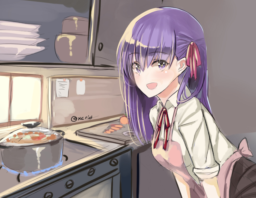 +_+ 1girl :d apron blush bowl cooking eyebrows_visible_through_hair fate/stay_night fate_(series) food hair_ribbon i.f.s.f indoors kitchen looking_at_viewer matou_sakura open_mouth pink_apron plate pot purple_hair ribbon school_uniform sleeves_rolled_up smile solo stove twitter_username
