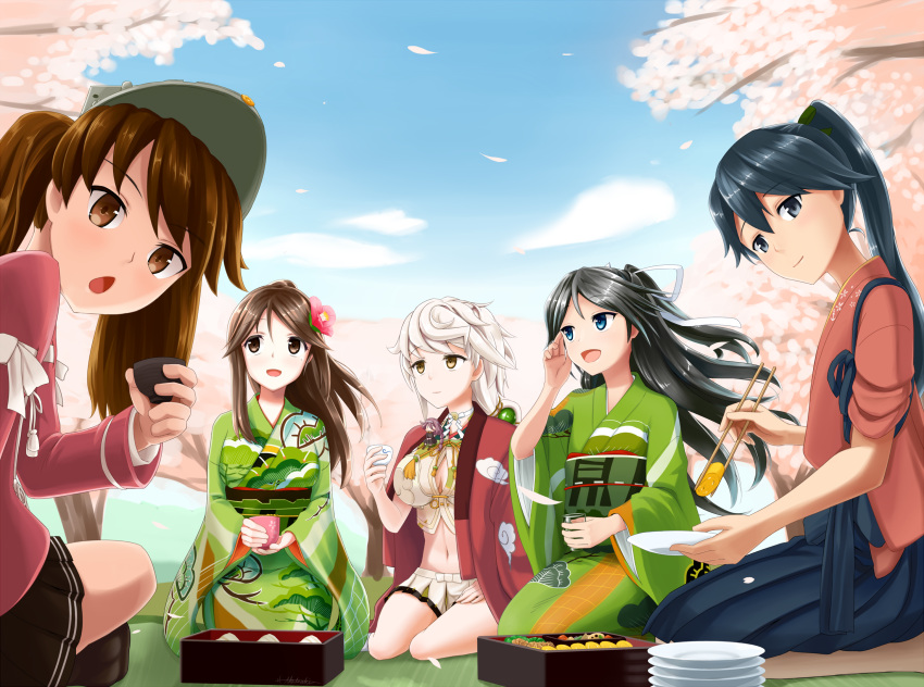 5girls adapted_costume akatsuki_hitoshi amagi_(kantai_collection) asymmetrical_hair black_hair blue_eyes blue_hair blue_skirt blurry braid breasts brown_eyes brown_hair camouflage cherry_blossoms cleavage_cutout cloud_print crop_top day depth_of_field flower green_kimono hair_between_eyes hair_flip hair_flower hair_ornament hair_ribbon hakama hakama_skirt hibiscus high_ponytail highres hip_vent houshou_(kantai_collection) japanese_clothes kantai_collection katsuragi_(kantai_collection) kimono large_breasts light_smile long_hair looking_at_viewer looking_up midriff mole mole_under_eye multiple_girls navel obi open_mouth ponytail remodel_(kantai_collection) ribbon ryuujou_(kantai_collection) sash seiza silver_hair single_braid sitting skirt sky small_breasts twintails unryuu_(kantai_collection) very_long_hair visor_cap white_ribbon yellow_eyes