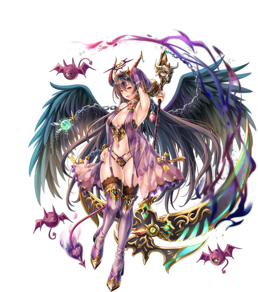 1girl arm_up armor armpits artist_request bangs bare_shoulders blush boots breastplate breasts brown_eyes brown_hair chains cleavage demon_girl demon_horns demon_tail elbow_gloves full_body garter_straps gem gloves hair_ornament hand_on_hip highres holding holding_weapon horns jewelry knee_boots large_breasts long_hair looking_at_viewer navel official_art open_mouth panties ribbon scythe see-through sennen_sensou_aigis smile solo standing tail thigh-highs transparent_background underwear weapon wings