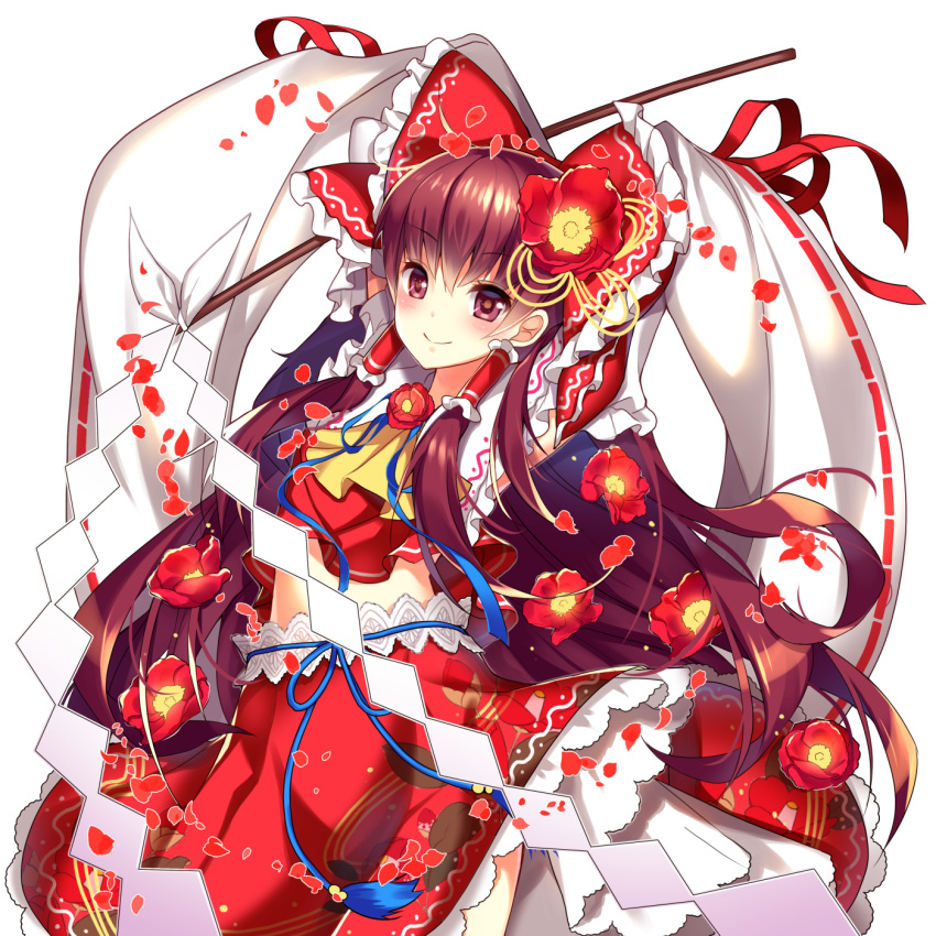 1girl arms_behind_head arms_up bangs blush bow brown_hair closed_mouth commentary_request cowboy_shot detached_sleeves embellished_costume eyebrows_visible_through_hair floral_print flower foreshortening frilled_shirt_collar frills gohei gradient_hair hair_bow hair_flower hair_ornament hakurei_reimu highres holding homarerererere large_bow long_hair long_sleeves looking_at_viewer medium_skirt midriff multicolored_hair petals purple_hair red_bow red_ribbon red_skirt ribbon ribbon-trimmed_sleeves ribbon_trim sidelocks simple_background skirt solo standing straight_hair touhou very_long_hair violet_eyes white_background wide_sleeves