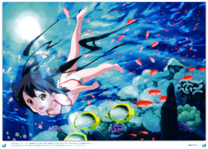 1girl absurdres barefoot bikini black_hair brown_eyes bubble coral errant fish freediving highres k-on! long_hair nakano_azusa open_mouth solo swimming swimsuit twintails underwater water