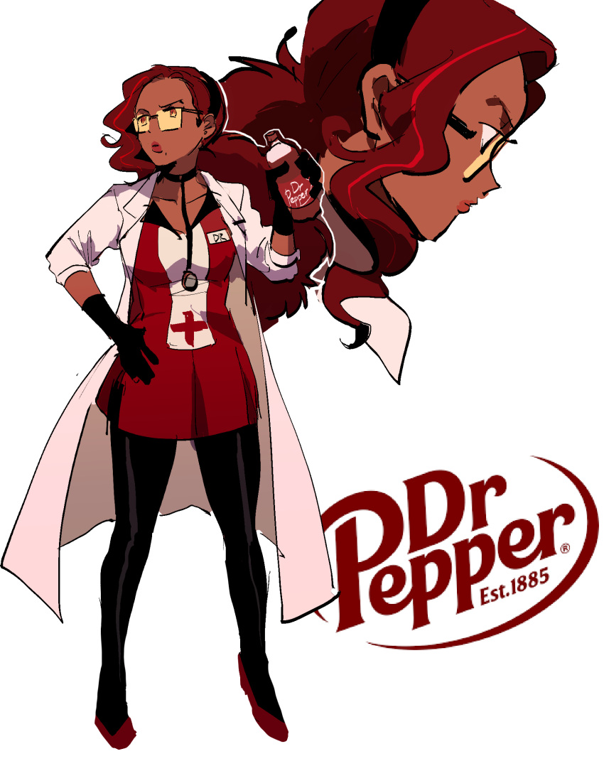 1girl dr_pepper full_body glasses_enthusiast highres logo pantyhose personification solo standing