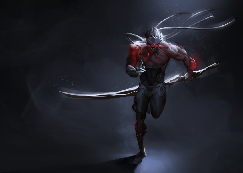 1boy armor backlighting black_hair blackwatch_genji bodysuit cyborg dark_background dust genji_(overwatch) glowing glowing_eye grey_background highres holding holding_sword holding_weapon katana light_particles looking_at_viewer male_focus mask muscle overwatch peng_nanfeng red_eyes running scar solo spiky_hair sword upper_body weapon
