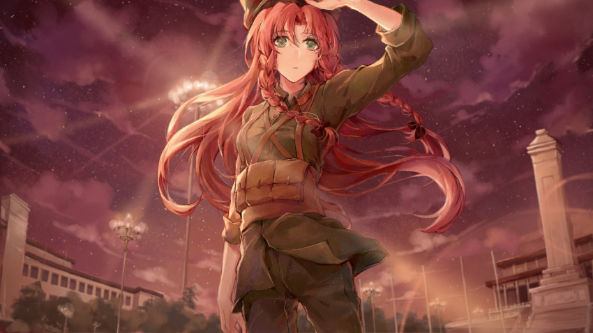 1girl adjusting_clothes adjusting_hat alternate_costume bag braid breasts building contemporary cowboy_shot green_eyes hat highres hong_meiling lamppost long_hair looking_afar looking_at_viewer medium_breasts night night_sky pants redhead satchel shirt sky solo standing touhou tree twin_braids uuer_(944942523) wind