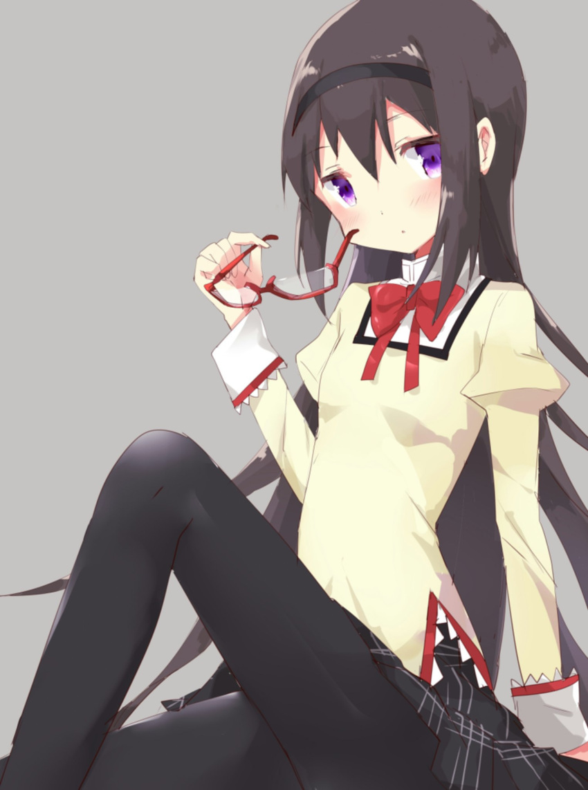 1girl akemi_homura arm_at_side bangs black_hair black_hairband black_legwear black_skirt blush bow bowtie breasts closed_mouth commentary_request expressionless eyebrows_visible_through_hair glasses grey_background hairband highres holding holding_glasses jitome juliet_sleeves knee_up long_hair long_sleeves looking_at_viewer mahou_shoujo_madoka_magica miniskirt mitakihara_school_uniform pantyhose pleated_skirt puffy_sleeves red-framed_eyewear red_bow red_bowtie school_uniform semi-rimless_glasses shiny shiny_hair simple_background sitting skirt small_breasts solo straight_hair tsubaki_(tatajd) under-rim_glasses very_long_hair violet_eyes