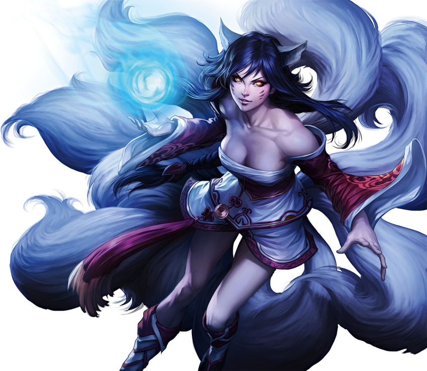 1girl ahri animal_ears bare_shoulders black_hair boots breasts cleavage collarbone detached_sleeves dress fox_ears fox_tail large_breasts league_of_legends legs long_hair long_sleeves looking_at_viewer official_art orb parted_lips simple_background smile solo strapless strapless_dress tail tube_dress whisker_markings white_background wide_sleeves yellow_eyes