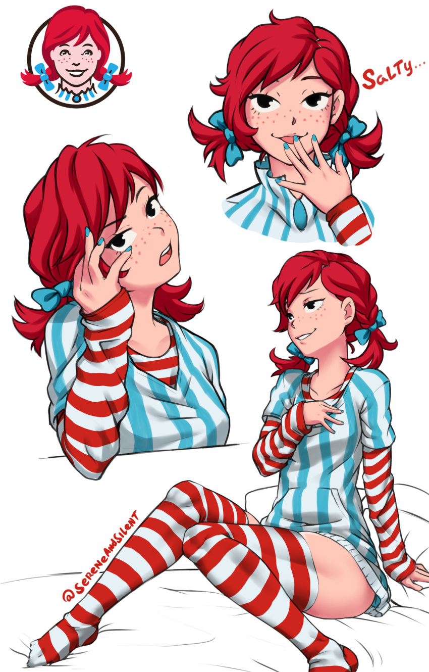 1girl arm_support black_eyes english freckles hand_on_own_chest highres horizontal_stripes knees_together_feet_apart looking_at_viewer nail_polish no_pupils rating redhead sereneandsilent short_hair short_twintails smirk smug solo striped striped_legwear thigh-highs thighs twintails twitter_username vertical_stripes wendy's wendy_(wendy's) white_background