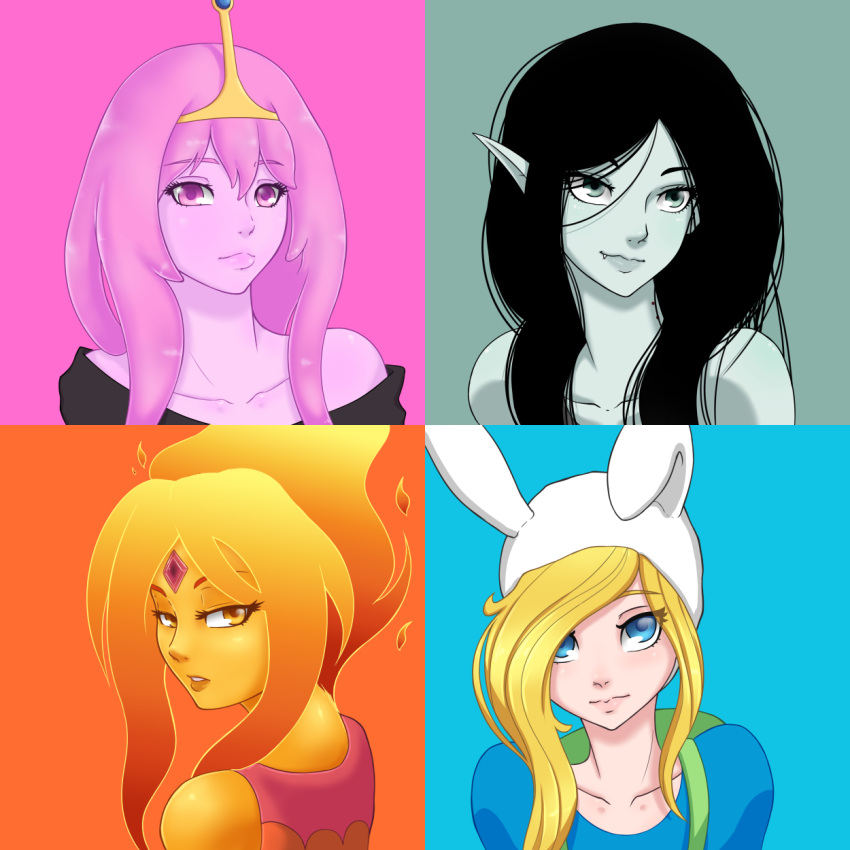 4girls adventure_time animal_ears backpack bag bare_shoulders bite_mark black_hair blonde_hair blue_background blue_eyes collarbone face fang_out fionna_the_human_girl fire flame_princess forehead_jewel grey_background grey_eyes hair_over_one_eye highres kawa-v light_smile lips long_hair looking_at_viewer looking_back marceline_abadeer multiple_girls orange_background orange_eyes orange_hair parted_lips pink_background pink_eyes pink_hair pointy_ears princess_bonnibel_bubblegum split_screen tiara