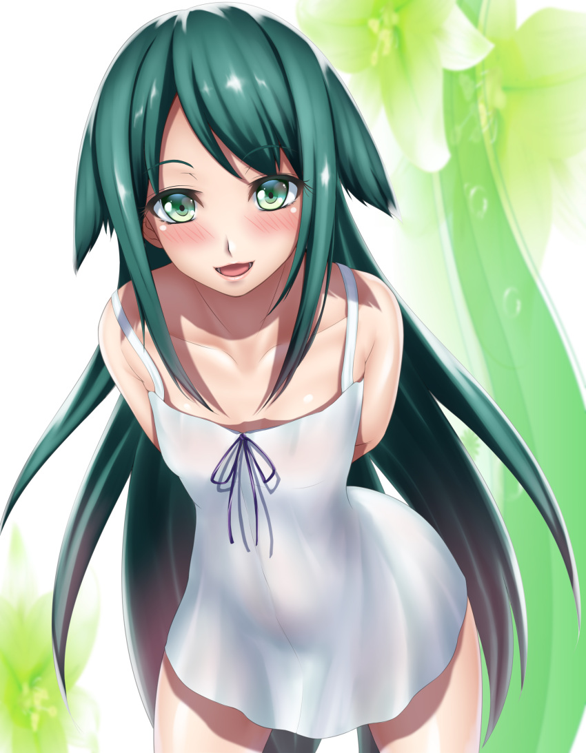 1girl :d absurdres arms_behind_back bare_shoulders breasts collarbone cowboy_shot dress floral_background green_eyes green_hair hair_flaps highres leaning_forward long_hair open_mouth saya saya_no_uta see-through_silhouette small_breasts smile solo sundress tama_(tamakaka1031) very_long_hair white_dress