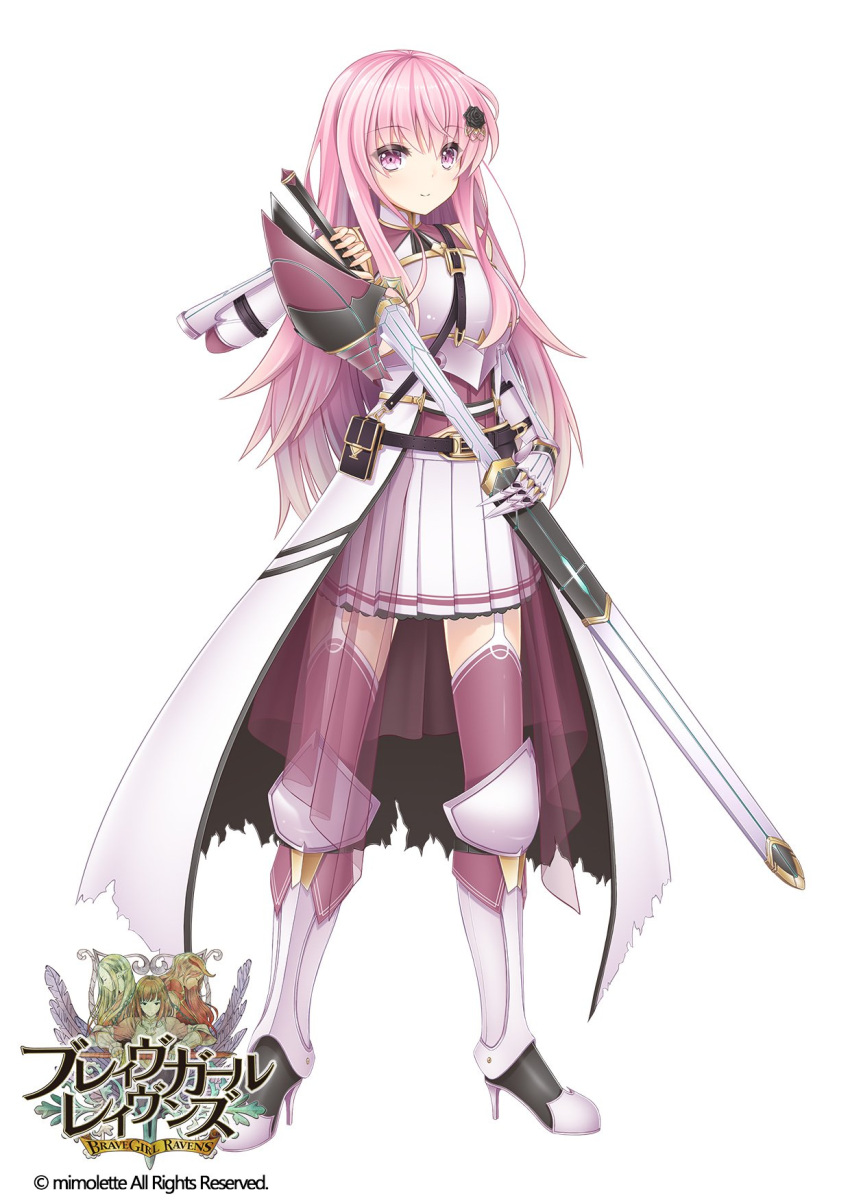 1girl akatsuki_rabbit armor boots brave_girl_ravens breastplate copyright_name full_body gauntlets hair_ornament highres holding holding_weapon knee_boots long_hair looking_at_viewer pink_eyes pink_hair pleated_skirt priscilla_(brave_girl_ravens) simple_background skirt smile solo sword thigh-highs weapon white_background