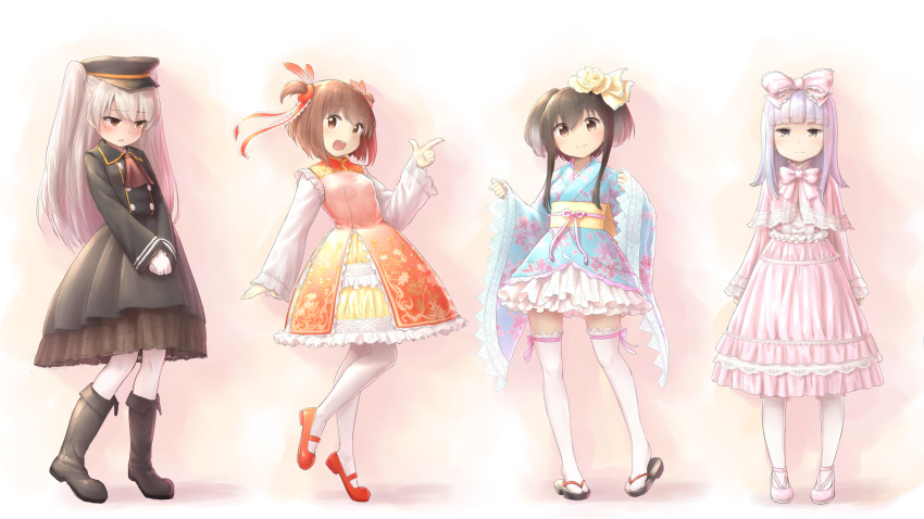 4girls alternate_costume amatsukaze_(kantai_collection) ascot bangs black_dress blunt_bangs blush boots bow brown_eyes brown_hair dress gloves grey_hair hair_bow hat hatsukaze_(kantai_collection) highres jitome kantai_collection lace looking_at_viewer mary_janes multiple_girls open_mouth pantyhose peaked_cap pink_dress red_dress sandals shoes short_hair sidelocks smile thigh-highs tokitsukaze_(kantai_collection) twintails two_side_up wamu_(chartreuse) white_gloves yukikaze_(kantai_collection)