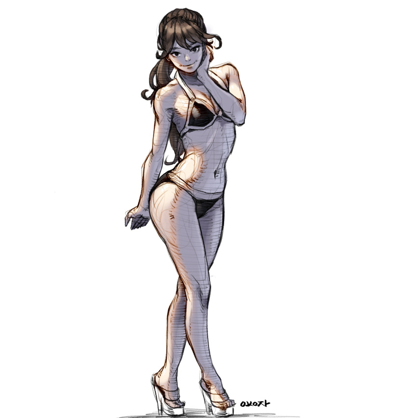 1girl arm_at_side artist_name bangs bare_arms bare_shoulders bikini black_bikini black_eyes breasts brown_hair closed_mouth collarbone full_body hand_on_own_cheek hand_on_own_face hand_up high_heels highres jeon_yong_jin legs legs_crossed long_hair looking_at_viewer medium_breasts midriff navel original ponytail shoes simple_background sketch smile solo standing swimsuit watson_cross white_background white_shoes