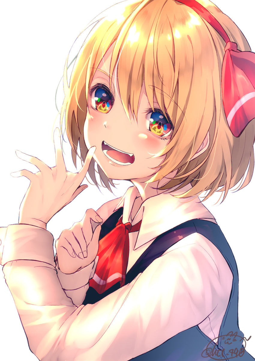 1girl ascot bangs black_vest blonde_hair chita_(ketchup) collared_shirt commentary_request eyebrows_visible_through_hair fangs fingernails hair_between_eyes hair_ribbon hand_up head_tilt highres long_hair long_sleeves red_eyes red_neckwear red_ribbon ribbon rumia shirt signature simple_background solo touhou vest white_background white_shirt