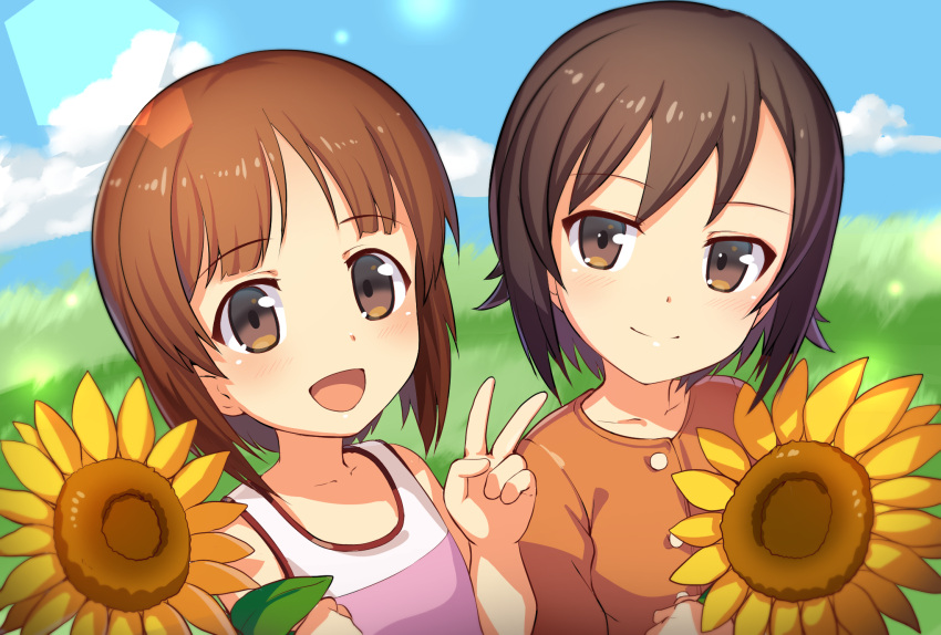 10s 2girls :d blush brown_eyes brown_hair clouds collarbone flower girls_und_panzer grass highres ikomochi long_sleeves looking_at_viewer multiple_girls nishizumi_maho nishizumi_miho open_mouth shiny shiny_hair short_hair siblings sisters sky smile sunflower tank_top v younger