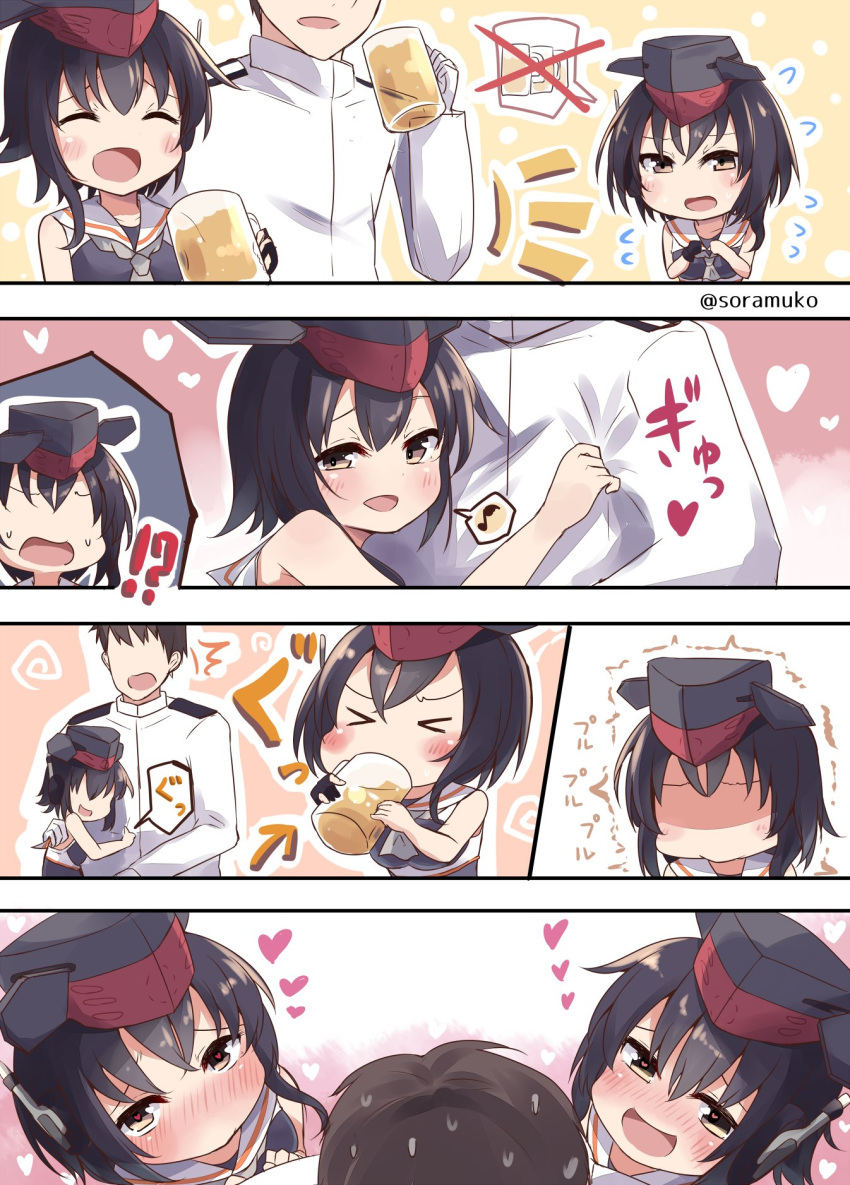!? &gt;_&lt; /\/\/\ 1boy 2girls :d =_= admiral_(kantai_collection) alcohol asymmetrical_hair beer beer_mug black_hair blush brown_eyes closed_eyes clothes_grab comic commentary drinking drunk flying_sweatdrops framed_breasts gloves hair_between_eyes hat heart heart-shaped_pupils highres i-13_(kantai_collection) i-14_(kantai_collection) kantai_collection looking_at_viewer military military_uniform multiple_girls musical_note naval_uniform neckerchief open_mouth partly_fingerless_gloves sailor_collar school_swimsuit short_hair single_glove sisters sleeveless smile soramuko spoken_musical_note sweatdrop swimsuit symbol-shaped_pupils trembling tsurime twins twitter_username uniform