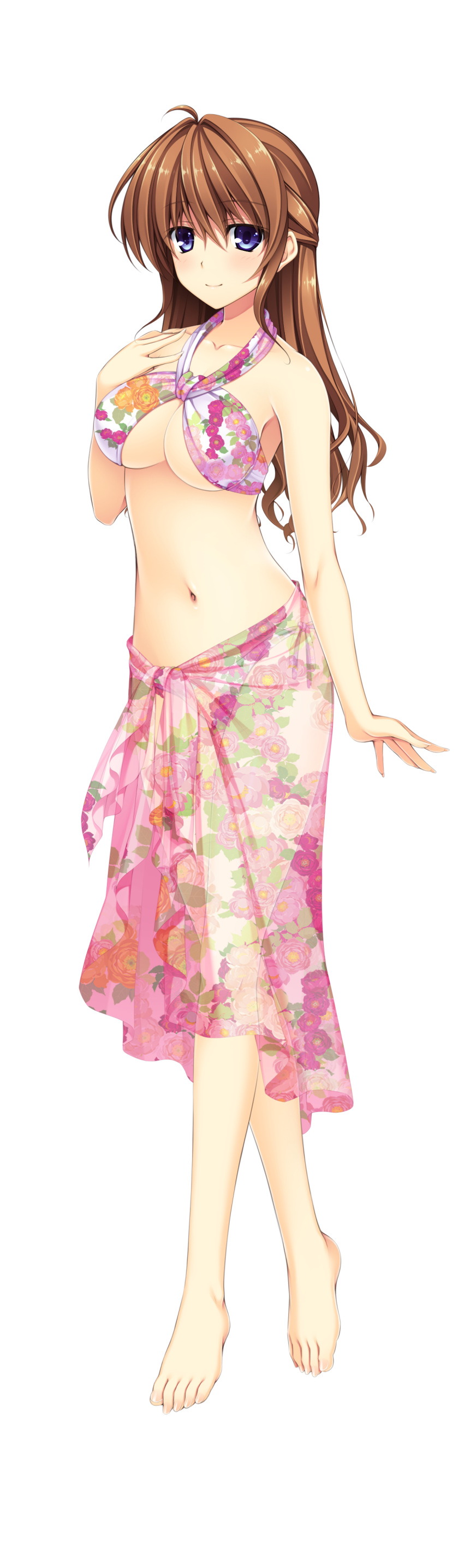 1girl absurdres asami_asami bangs bare_shoulders barefoot bikini breasts cleavage collarbone eyebrows_visible_through_hair floral_print full_body hand_on_own_chest hayase_chitose_(pretty_x_cation) highres looking_at_viewer medium_breasts navel official_art pretty_x_cation_2 sarong see-through side-tie_bikini smile solo standing swimsuit