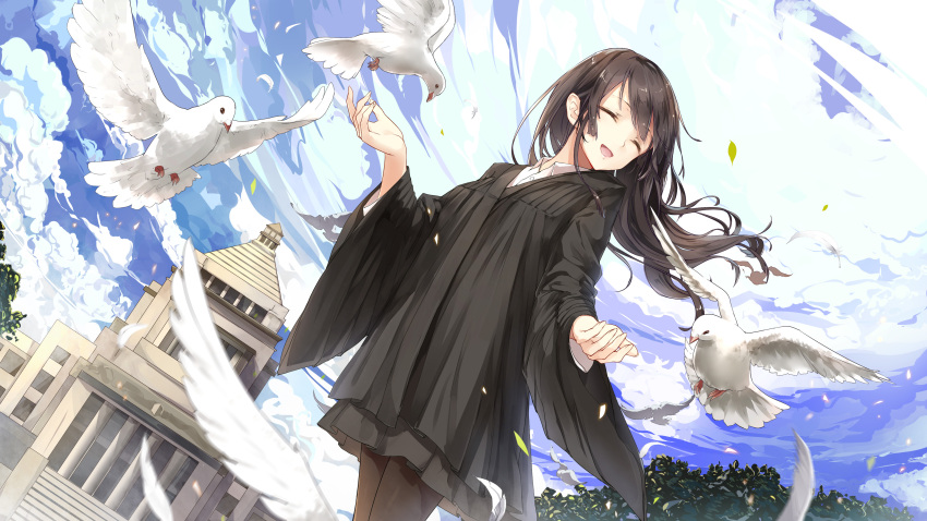 1girl absurdres alternate_costume bird black_hair black_legwear blurry building closed_eyes clouds cloudy_sky collared_shirt cowboy_shot depth_of_field dove dutch_angle feathers haruna_(kantai_collection) highres kantai_collection leaf long_hair open_mouth outstretched_arms pillar robe shirt sky smile solo thigh-highs tree uuer_(944942523) wind