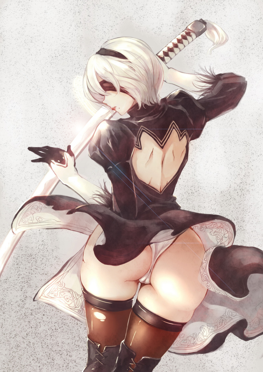 1girl ass back_cutout black_dress black_legwear blindfold boots dress feather-trimmed_sleeves hairband highres holding holding_weapon juliet_sleeves kalalasan lipstick long_sleeves makeup mole mole_under_mouth nier_(series) nier_automata puffy_sleeves short_hair simple_background solo sword thigh-highs thigh_boots vambraces weapon white_hair yorha_no._2_type_b