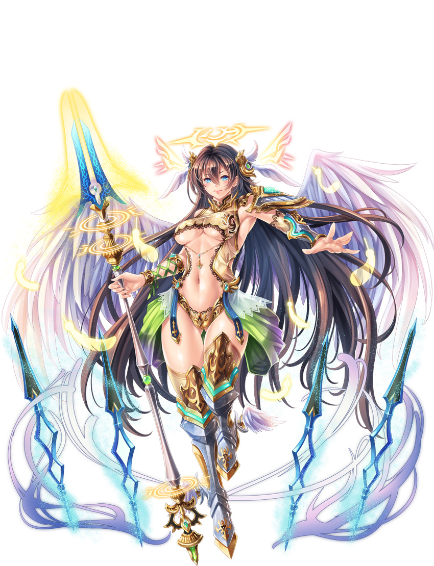 1girl arm_guards armor armored_boots armpits bangs blue_eyes boots brown_hair feathers full_body hair_ornament halo highres holding holding_weapon leotard long_hair looking_away navel official_art polearm sennen_sensou_aigis serious shoulder_armor solo sophie_(sennen_sensou_aigis) spear transparent_background weapon wings
