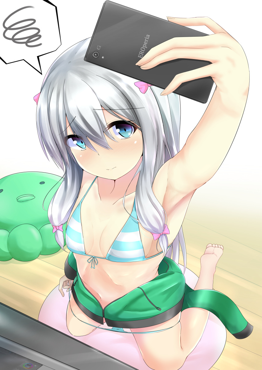1girl absurdres arm_at_side armpits bangs bare_shoulders bikini bikini_pull blue_eyes blush bow breasts cellphone closed_mouth collarbone copyright_name drawing_tablet eromanga_sensei eyebrows_visible_through_hair from_above front-tie_bikini front-tie_top hair_between_eyes hair_bow hand_up highres holding holding_cellphone holding_phone hood hood_down hooded_jacket hoodie izumi_sagiri jacket kiri_tsukiryou kneeling long_hair looking_at_viewer navel open_clothes open_hoodie phone pink_bow pocket pose pulled_by_self ribs self_shot sidelocks silver_hair skindentation small_breasts smartphone solo spoken_squiggle squiggle string_bikini striped striped_bikini stuffed_animal stuffed_octopus stuffed_toy swimsuit taking_picture wooden_floor zipper