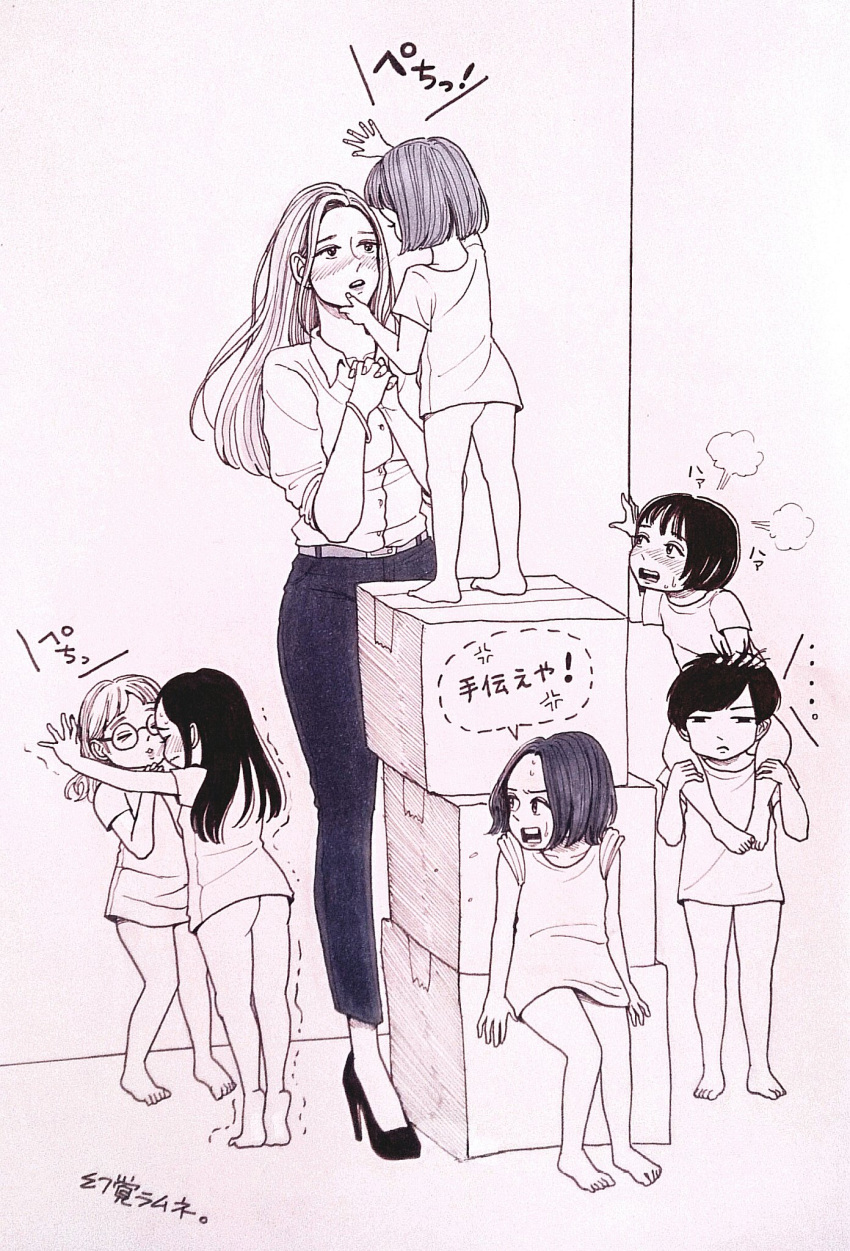 ... 6+girls =3 age_difference barefoot blush bottomless box bracelet glasses greyscale hand_on_another's_chin high_heels highres jewelry kabedon long_hair monochrome multiple_girls original piggyback short_hair standing_on_object sweatdrop traditional_media translation_request trembling wall_slam yuri
