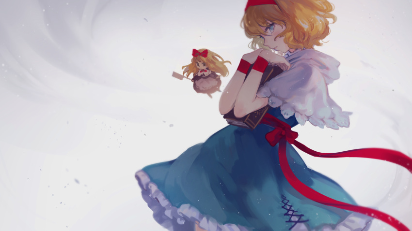 alice_margatroid blonde_hair blue_dress blue_eyes blush book bow capelet closed_mouth doll dress hairband highres k_(sktchblg) looking_at_viewer red_bow red_hairband sash shanghai_doll short_hair short_sleeves simple_background touhou wristband