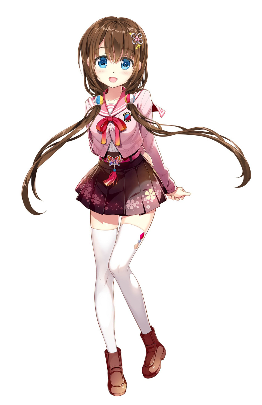 1girl :d arms_behind_back bangs belt blush breasts brown_hair brown_skirt buttons cardigan collarbone cropped_sweater eyebrows_visible_through_hair fingernails floral_print fujima_takuya gradient gradient_ribbon hair_between_eyes hair_ornament hairclip highres ikaho_hana leg_up legs_apart long_hair long_sleeves looking_at_viewer low_twintails miniskirt neck_ribbon one_leg_raised onsen_musume open_mouth orange_ribbon pink_belt pink_cardigan pink_sailor_collar pink_shirt pleated_skirt red_ribbon ribbon sailor_collar school_uniform shirt simple_background skirt smile solo standing standing_on_one_leg tassel thigh-highs twintails white_background white_legwear white_shirt zettai_ryouiki