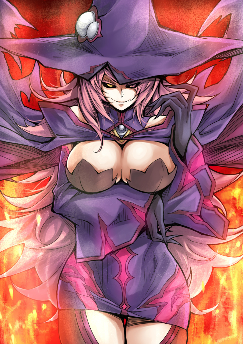 &gt;:) 1girl absurdres bare_shoulders black_gloves black_sclera blazblue blazblue:_central_fiction breast_hold breasts cape cleavage cowboy_shot detached_sleeves eyes_visible_through_hair gloves hair_over_one_eye hat highres karadborg konoe_a_mercury large_breasts long_hair long_sleeves looking_at_viewer parted_lips pink_hair smile solo thigh_gap tsurime very_long_hair wide_sleeves witch_hat yellow_eyes