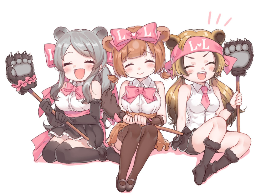 /\/\/\ 3girls ^_^ animal_ears ankle_boots bangs bare_shoulders bear_ears bear_paw_hammer belt bergman's_bear_(kemono_friends) bike_shorts black_boots black_footwear black_gloves black_legwear black_shorts black_skirt blush boots bow breast_pocket breasts brown_footwear brown_gloves brown_hair brown_legwear brown_shoes brown_skirt closed_eyes collar collared_shirt dot_nose elbow_gloves eyebrow_twitching eyebrows eyebrows_visible_through_hair eyelashes ezo_brown_bear_(kemono_friends) facing_viewer frilled_skirt frills full_body fur-trimmed_boots fur-trimmed_gloves fur_trim gloves gradient_hair grey_hair hair_bow hair_ornament hair_scrunchie happy heart high-waist_skirt highres holding holding_weapon kemono_friends knee_up kodiak_bear_(kemono_friends) large_breasts legs_together light_brown_hair long_hair low_twintails mary_janes medium_breasts multicolored_hair multiple_girls neck_ribbon necktie open_mouth pink_belt pink_bow pink_necktie pink_ribbon pocket ribbon rojiko scrunchie shadow shirt shoes short_hair short_twintails shorts shorts_under_skirt simple_background sitting skirt sleeveless sleeveless_shirt smile swept_bangs teeth thigh-highs twintails two-tone_hair upper_teeth weapon white_background white_scrunchie white_shirt wing_collar yokozuwari zettai_ryouiki |d