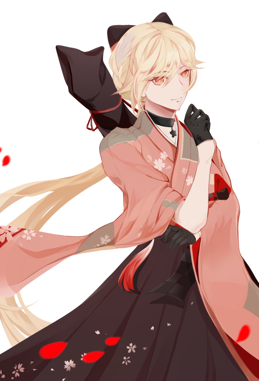 1girl alternate_costume black_gloves blonde_hair bow braid breasts chinese choker closed_mouth dow elbow_on_arm eyebrows_visible_through_hair eyes_visible_through_hair floating_hair floral_print flower from_side girls_frontline gloves hair_between_eyes hair_bow hair_ribbon hakama hakama_skirt half_gloves hand_up high-waist_skirt highres japanese_clothes long_hair looking_at_viewer ots-14_(girls_frontline) petals ribbon simple_background skirt smile solo string thigh-highs very_long_hair weapon_bag white_background wide_sleeves wind wind_lift yellow_eyes