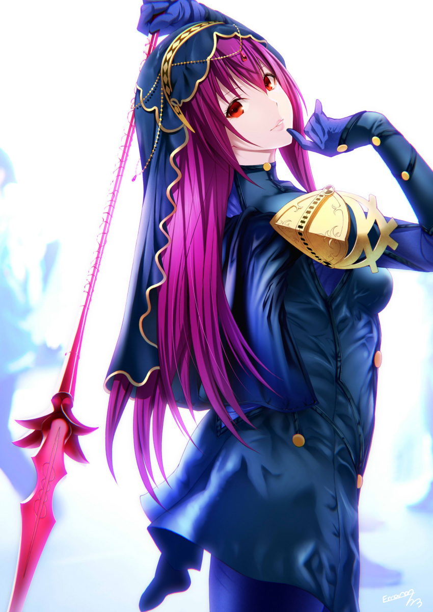 1girl absurdres armor bodysuit emanon123 fate/grand_order fate_(series) highres lips pink_hair polearm red_eyes scathach_(fate/grand_order) shoulder_armor solo spear veil weapon