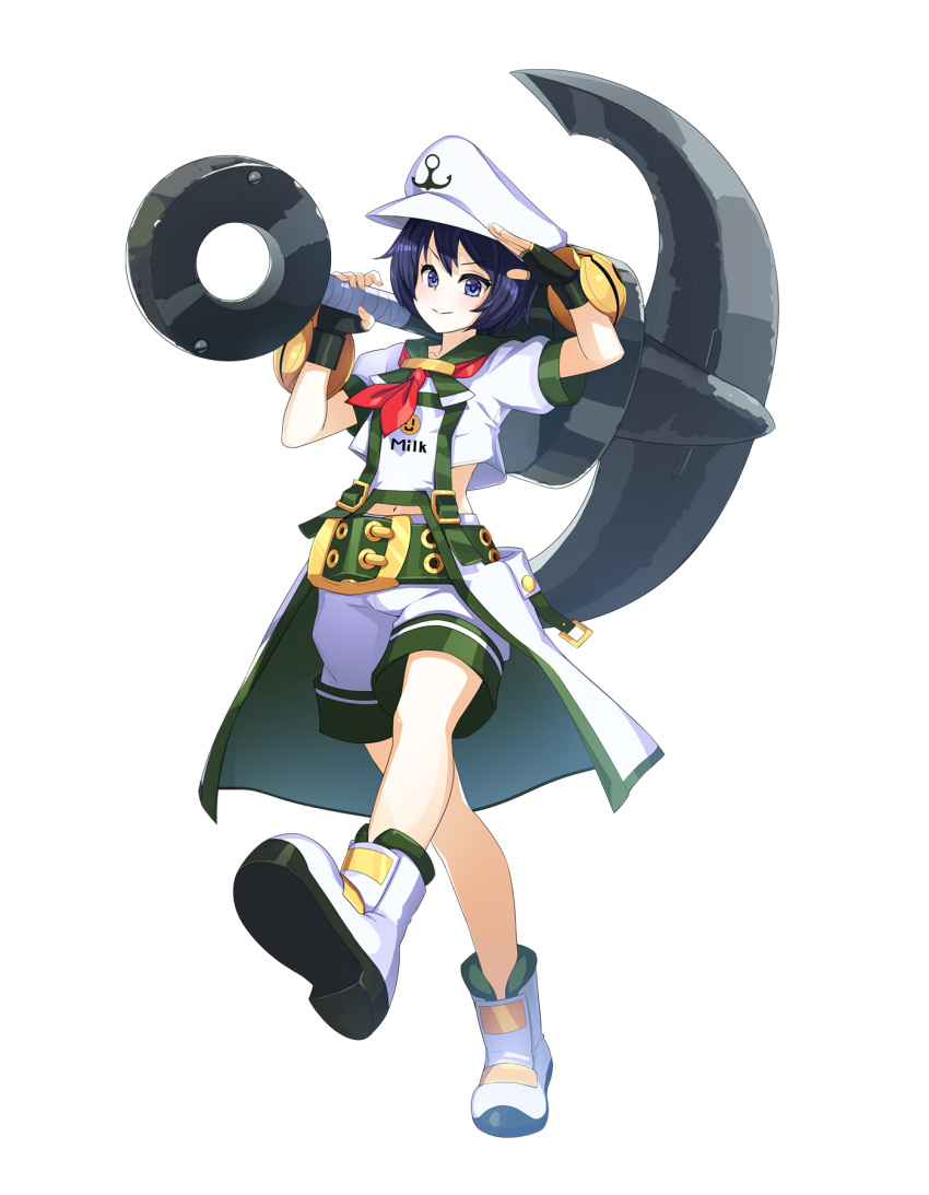 1girl anchor anchor_symbol arm_up bangs belt black_gloves blue_eyes blue_hair boots closed_mouth commentary_request cookie_(touhou) cosplay eyebrows_visible_through_hair fingerless_gloves full_body gloves guilty_gear guilty_gear_xrd hat highres holding looking_at_viewer may_(guilty_gear) may_(guilty_gear)_(cosplay) midriff murasa_minamitsu navel neckerchief over_shoulder sailor_hat salute school_uniform serafuku short_hair short_sleeves shorts solo standing standing_on_one_leg tarmo touhou transparent_background walking white_hat