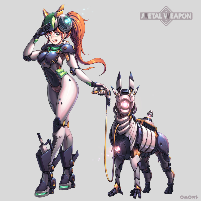 1girl :d absurdres android animal_robot armor artist_name bangs bodysuit boots breasts cable collar commentary dog dog_collar glowing green_eyes grey_background hand_up headgear highres jeon_yong_jin leash legs_crossed legs_together long_hair looking_at_viewer medium_breasts open_mouth orange_hair original pink_lips ponytail robot robot_ears robot_joints round_teeth salute science_fiction simple_background smile solo standing teeth tongue upper_teeth watson_cross