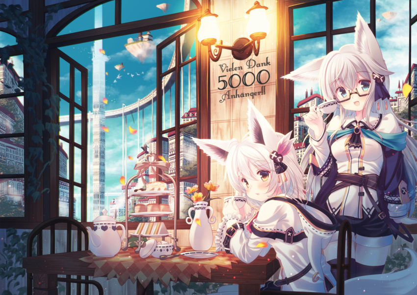 2girls animal_ears bangs black_legwear blush capelet chair cup day eyebrows_visible_through_hair fantasy floating_island followers food_stand fox_ears fox_girl fox_tail german glasses grey_hair hair_between_eyes hand_up holding holding_cup indoors jacket long_hair long_sleeves looking_at_viewer looking_back misaki_yuu_(dstyle) multiple_girls open_mouth original parted_lips petals plate semi-rimless_glasses smile standing sugar_bowl sugar_cube table tablecloth tail teacup teapot thick_eyebrows thigh-highs town under-rim_glasses vase white_hair window