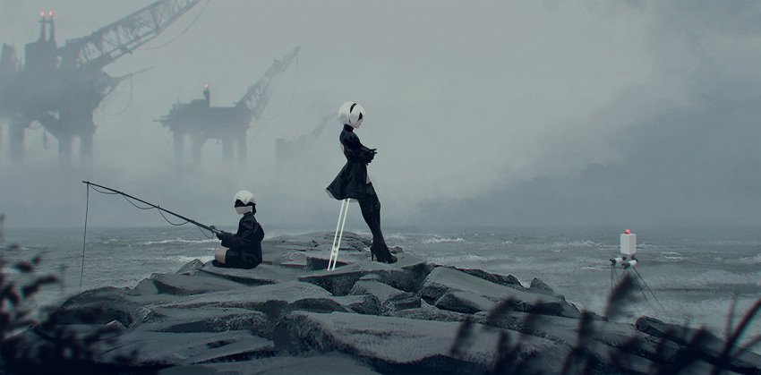 1boy 1girl black_dress blindfold clouds cloudy_sky commentary covered_eyes day dress feather-trimmed_sleeves fishing fishing_rod fog gloves guweiz high_heels leaning_on_object nier_(series) nier_automata ocean oil_refinery outdoors pod_(nier_automata) rock scenery short_hair sitting sky water white_hair yorha_no._2_type_b yorha_no._9_type_s