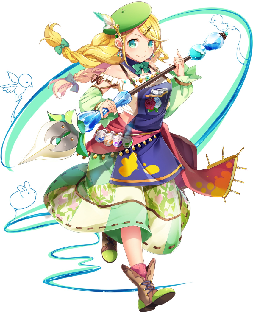 1girl absurdres apron aqua_eyes bird blonde_hair boots bow braid detached_collar dress earrings floating_hair full_body hair_bow hair_ornament hairclip hat highres holding jewelry long_hair long_sleeves looking_at_viewer official_art rabbit simple_background smile solo twin_braids white_background x-overd