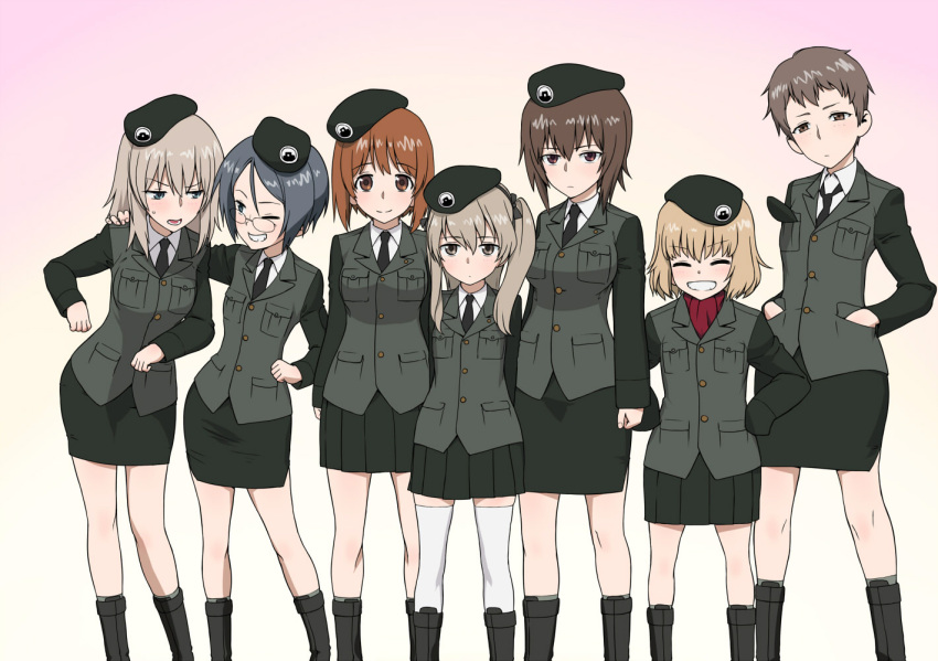 10s 6+girls adapted_costume arm_around_shoulder arms_behind_back bangs beret black_boots black_hat black_jacket black_necktie black_ribbon black_skirt blonde_hair blue_eyes boots brown_eyes brown_hair closed_eyes closed_mouth commentary_request dress_shirt emblem girls_und_panzer glasses grey_hair grin hair_ribbon hands_in_pockets hands_on_hips hat itsumi_erika jacket japanese_tankery_league_(emblem) katyusha light_brown_hair light_smile long_hair long_sleeves looking_at_another looking_at_viewer military military_hat military_uniform miniskirt multiple_girls naomi_(girls_und_panzer) necktie nishizumi_maho nishizumi_miho one_eye_closed open_mouth parted_lips pencil_skirt pleated_skirt red_shirt ribbon round_glasses rumi_(girls_und_panzer) selection_university_military_uniform shimada_arisu shirt short_hair silver_hair simple_background skirt sleeves_past_wrists smile standing sweatdrop turtleneck uniform very_short_hair wata_do_chinkuru white_background white_shirt