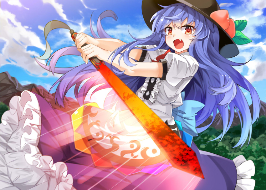 &gt;:o 1girl :o bangs black_hat blue_hair blue_skirt blush clouds cloudy_sky day e.o. fang food frilled_skirt frills fruit hat hinanawi_tenshi holding holding_sword holding_weapon leaf long_hair long_skirt looking_at_viewer open_mouth outdoors peach puffy_short_sleeves puffy_sleeves rainbow_order red_eyes shirt short_sleeves skirt sky solo sword sword_of_hisou touhou weapon white_shirt