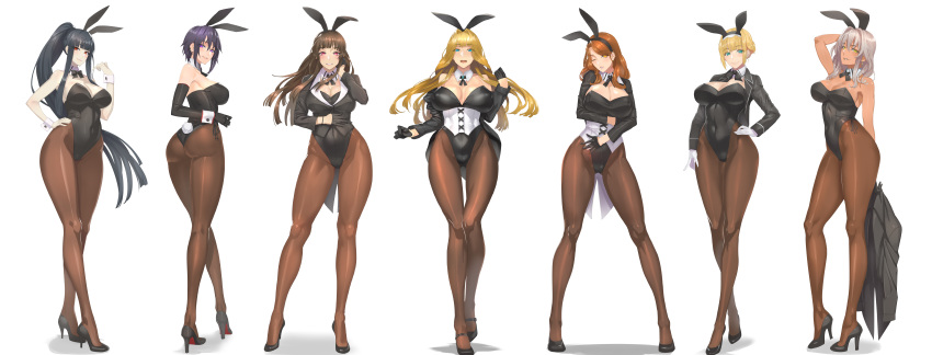 6+girls absurdres animal_ears arm_up ass back-seamed_legwear bangs bare_shoulders black_gloves black_hair black_legwear blonde_hair blue_eyes bow bowtie breasts brown_hair brown_legwear bunny_tail bunnysuit cleavage coat coattails corset daglasses detached_collar ear_piercing earrings elbow_gloves erect_nipples eyebrows eyebrows_visible_through_hair from_side full_body gloves green_eyes hair_between_eyes high_heels highres huge_breasts jacket jewelry legs_crossed leotard long_hair long_sleeves looking_at_viewer looking_to_the_side multiple_girls one_eye_closed open_mouth orange_eyes original pantyhose parted_lips piercing pink_eyes ponytail purple_hair rabbit_ears red_eyes seamed_legwear short_hair side-tie_leotard silver_hair simple_background smile standing tail teeth violet_eyes watson_cross white_background wrist_cuffs yellow_eyes