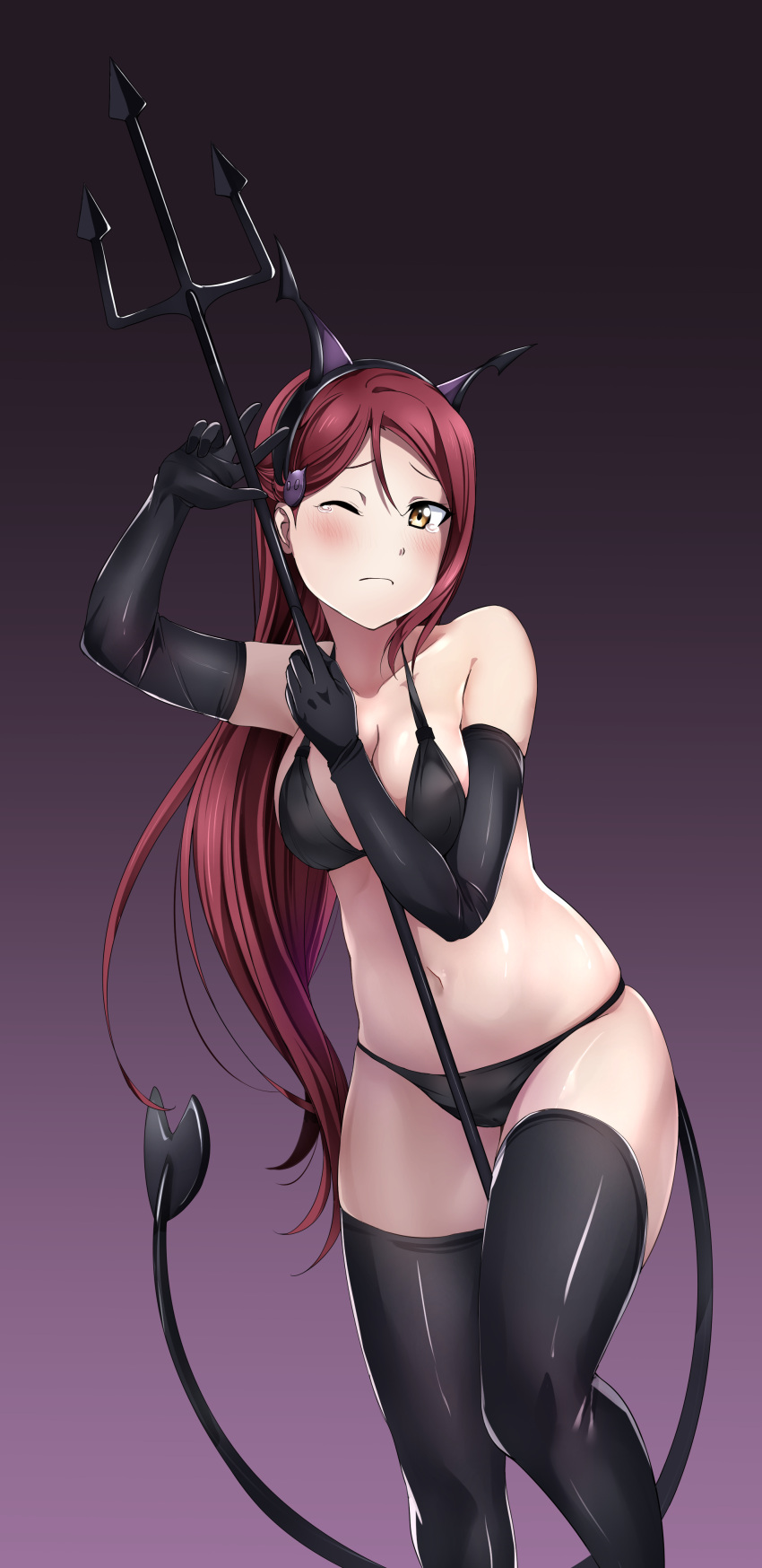 1girl ;( absurdres arm_up bare_shoulders bikini black_bikini black_gloves black_hairband black_legwear blush breast_squeeze breasts brown_eyes closed_eyes collarbone demon_horns demon_tail fake_horns frown gloves hair_ornament hairband hairclip head_tilt highres horns long_hair looking_at_viewer love_live! love_live!_sunshine!! medium_breasts navel one_leg_raised purple_background redhead sakurauchi_riko shiny shiny_skin simple_background skindentation solo standing standing_on_one_leg stomach swimsuit tail teardrop thigh-highs thighs tsurime very_long_hair w yuuki_(nijiiro_palette)